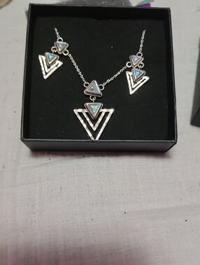 Authentic Silver-Tone Geometric Triangle Necklace with Opalescent Accents
